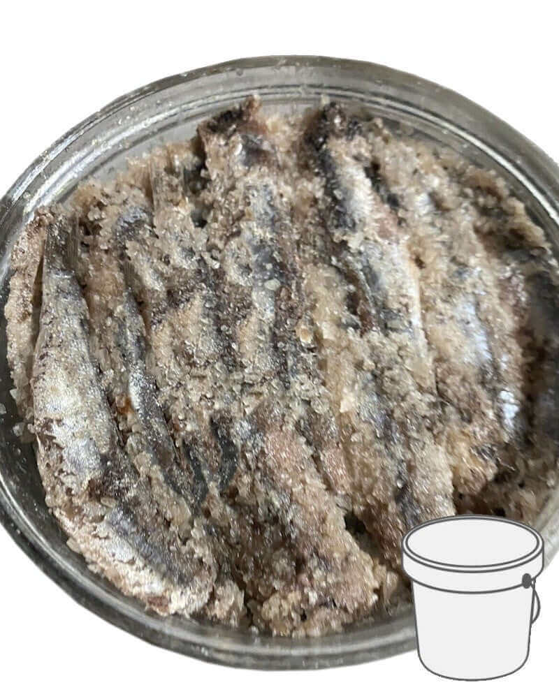 Salted whole anchovies in a tin, packed in Sicily and sourced from the Mediterranean FAO area, 1 kg tin with a 12-month shelf life.