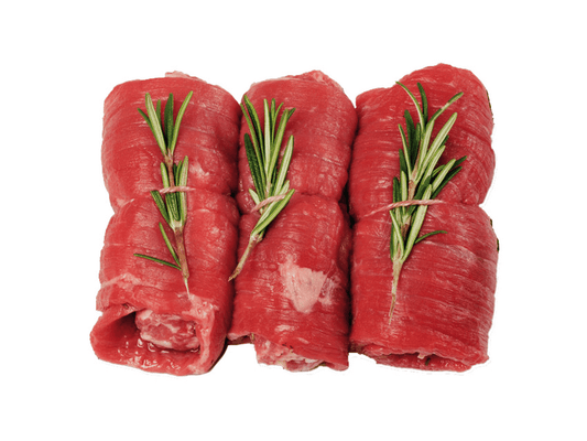 Fresh raw beef rolls with sprigs of rosemary on a white background. Cooking preparation meat.