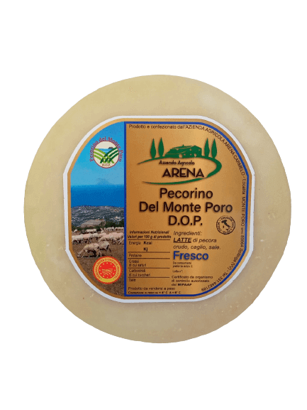 Wheel of Italian Pecorino Del Monte Poro D.O.P. cheese with label from Azienda Agricola Arena.