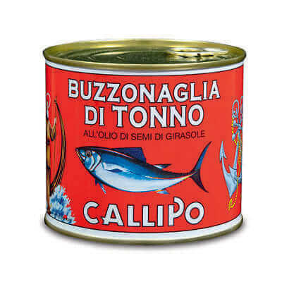 Tin of Buzzonaglia di Tonno by Callipo in sunflower oil with a red label and image of a bluefin tuna fish